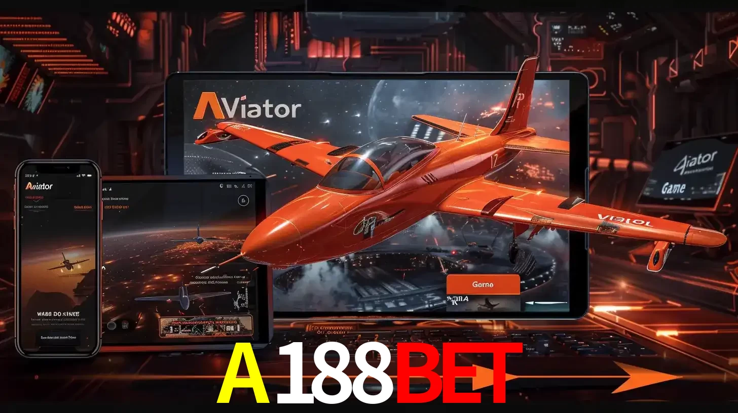 Apresentação tecnológica do jogo Aviator com um avião saindo da tela de um tablet, demonstrando a experiência imersiva em múltiplos dispositivos no A188BET.