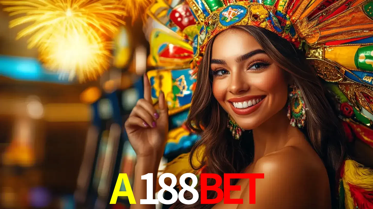 Mulher sorridente com um cocar de carnaval vibrante e colorido, celebrando uma grande vitória nos jogos do cassino A188BET com fogos de artifício ao fundo.
