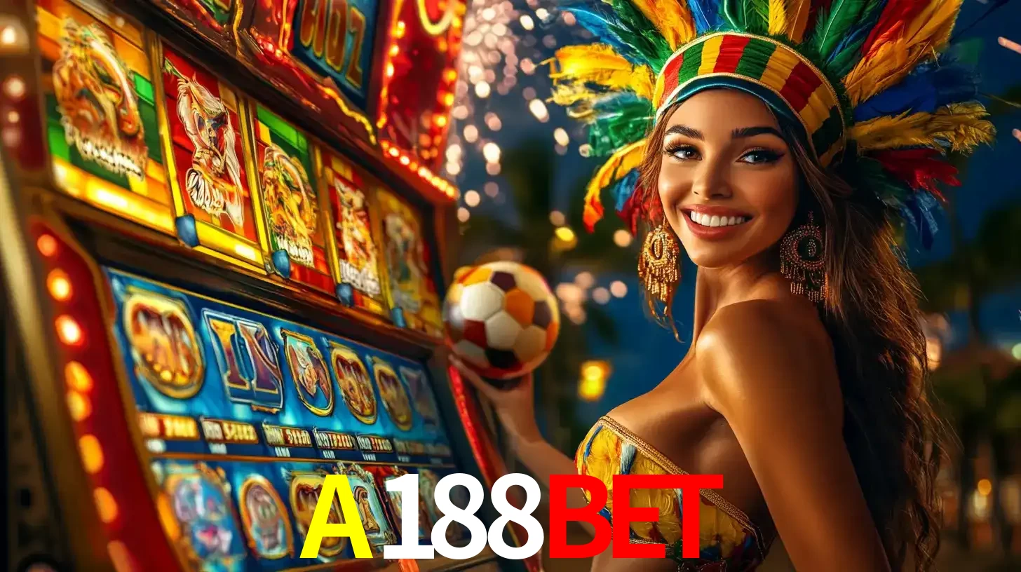 Mulher com um cocar de carnaval ao lado de uma máquina de caça-níqueis enquanto segura uma bola de futebol, mostrando a união da diversão de cassino e esportes no A188BET.