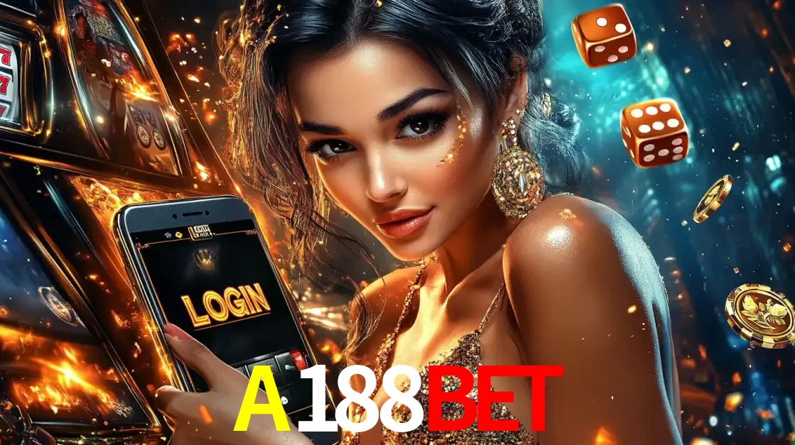 Mulher glamourosa segurando um celular com a tela de login do cassino A188BET, rodeada por dados e moedas douradas, pronta para começar a diversão.