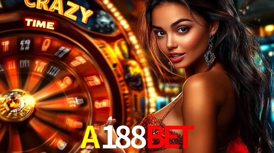 Mulher ao lado da roda de prêmios do jogo de cassino ao vivo Crazy Time, um dos shows de jogos mais emocionantes oferecidos pela plataforma de apostas A188BET.