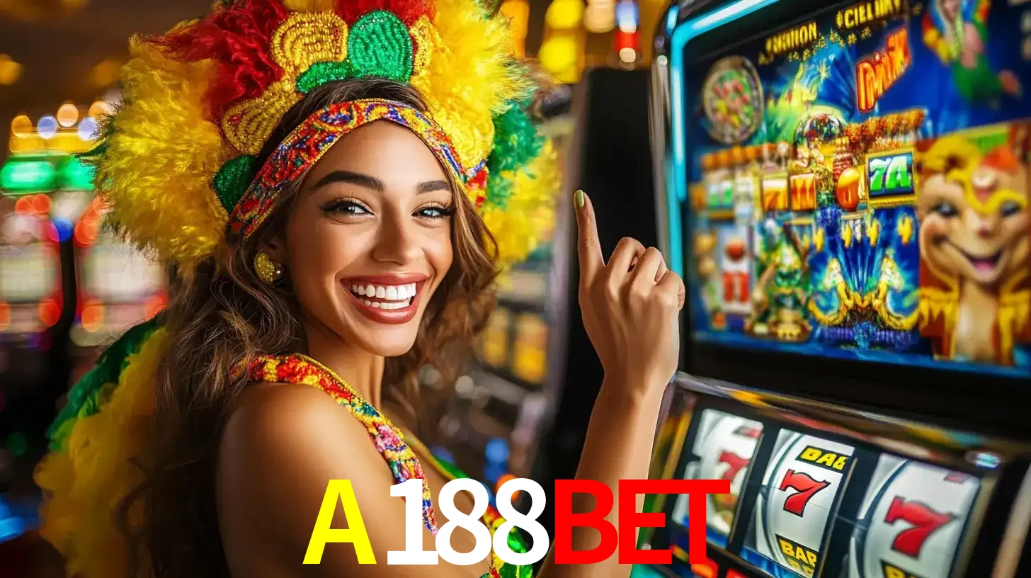 Mulher animada com um cocar de carnaval apontando para uma máquina de caça-níqueis, mostrando a emoção de ganhar um grande prêmio nos jogos do A188BET.