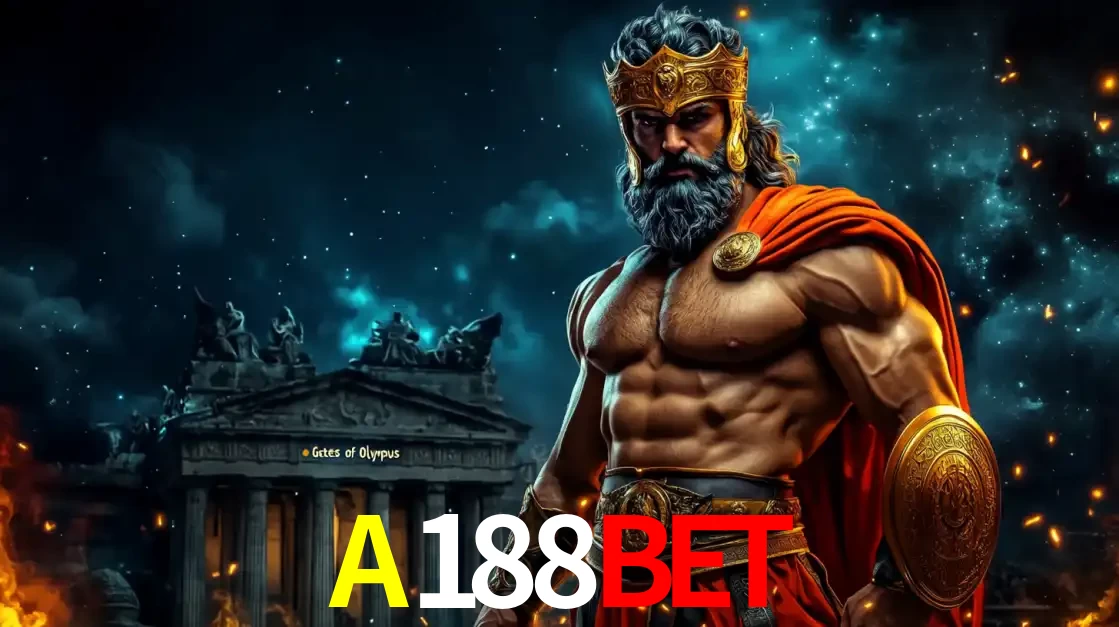 O poderoso Zeus do jogo de slot Gates of Olympus em frente ao seu templo, pronto para lançar multiplicadores divinos e prêmios épicos no cassino online A188BET.