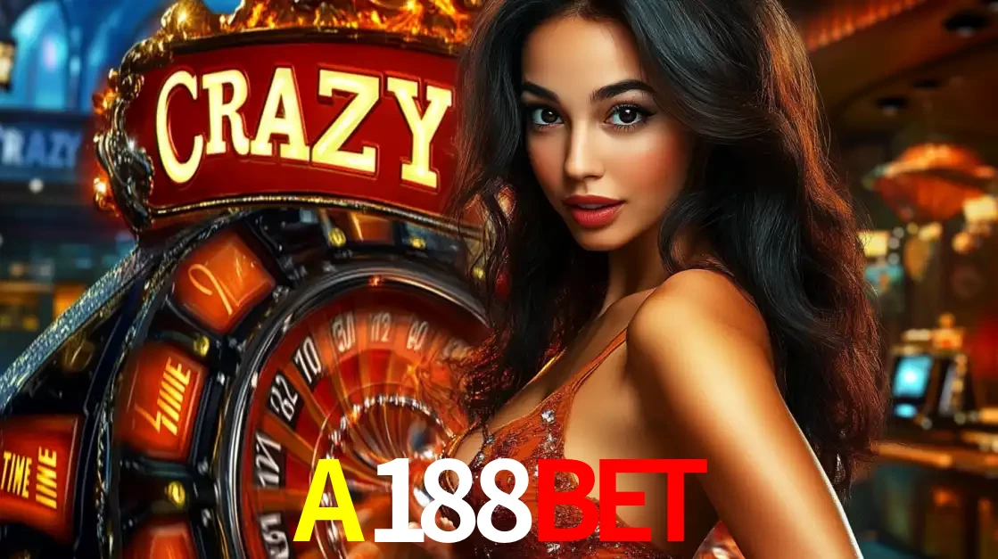 Mulher glamourosa olhando para a câmera com a roda vermelha do Crazy Time ao fundo em um ambiente de cassino, destacando a emoção dos jogos ao vivo no A188BET.
