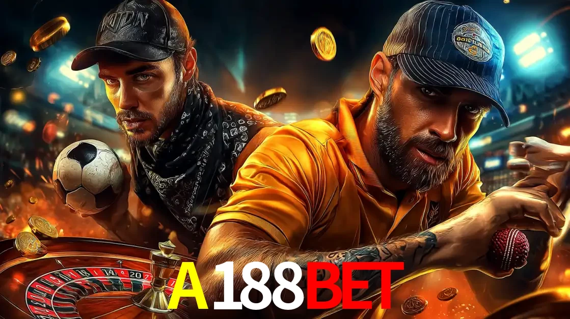 Montagem de apostas esportivas e cassino no A188BET, com um homem segurando uma bola de futebol e outro uma de beisebol sobre uma roleta e moedas voadoras.