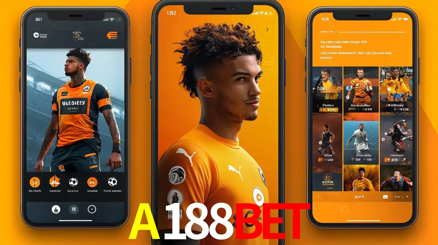 Interface do aplicativo de apostas esportivas A188BET em três telas de celular, mostrando o perfil de um jogador de futebol e a lista de jogos disponíveis para apostar.