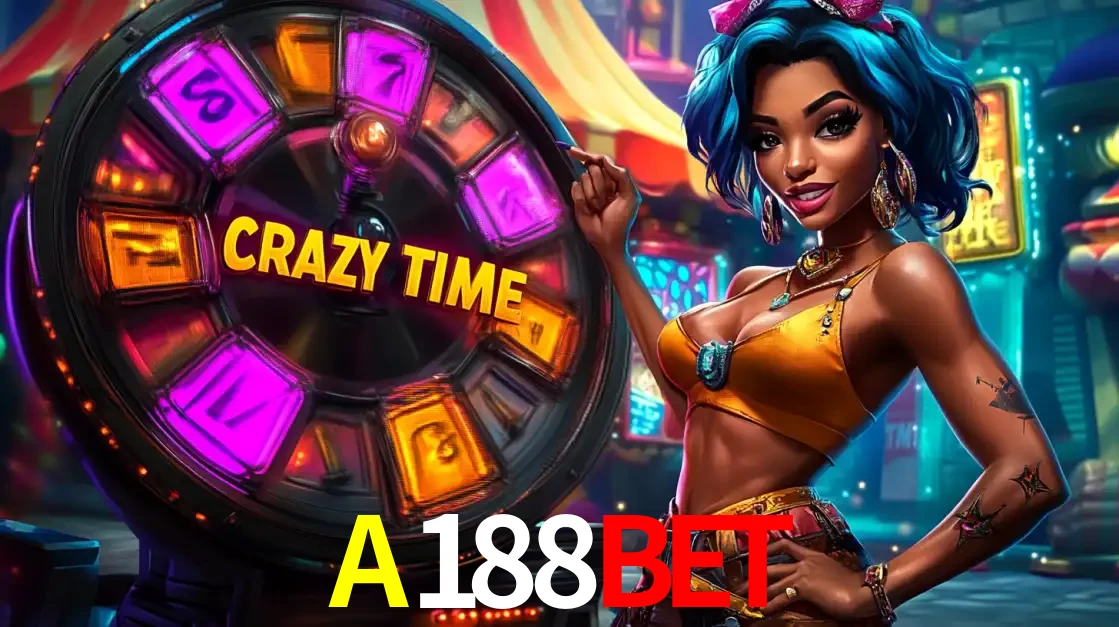 Mulher estilizada com cabelo azul e visual vibrante posando ao lado da roda de prêmios do game show Crazy Time, convidando para a diversão e os bônus do cassino A188BET.