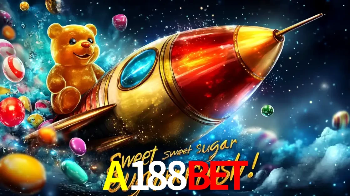 Arte promocional do jogo de slot Sugar Rush, com um urso de pelúcia em um foguete viajando pelo espaço de doces, um dos jogos divertidos disponíveis no cassino A188BET.