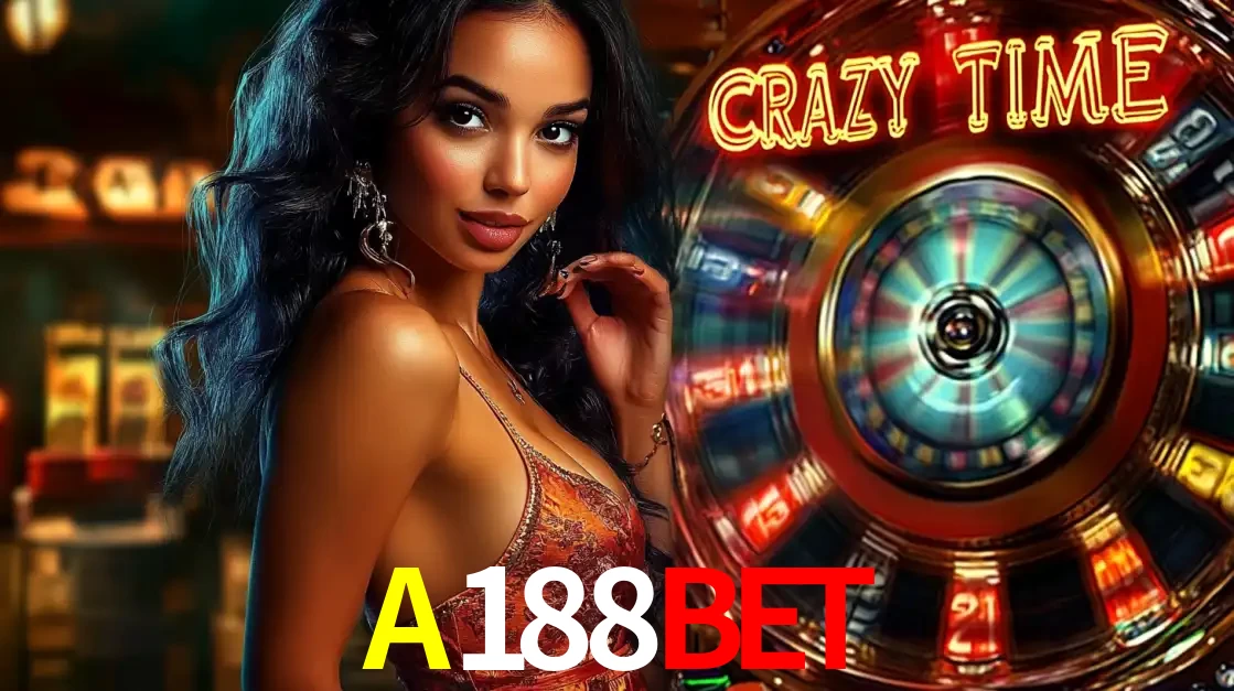 Mulher elegante ao lado da vibrante roda da fortuna do jogo de cassino ao vivo Crazy Time, um dos game shows mais populares e cheios de prêmios do A188BET.