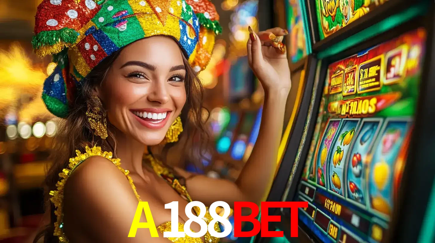 Mulher feliz com traje de carnaval amarelo e colorido ao lado de uma máquina de caça-níqueis, aproveitando a diversão e os jogos temáticos do cassino A188BET.