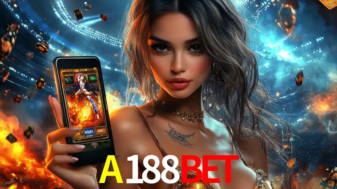 Mulher segurando um celular com um jogo de slot em destaque, tendo como fundo um estádio vibrante, simbolizando a emoção de jogar no cassino móvel A188BET.