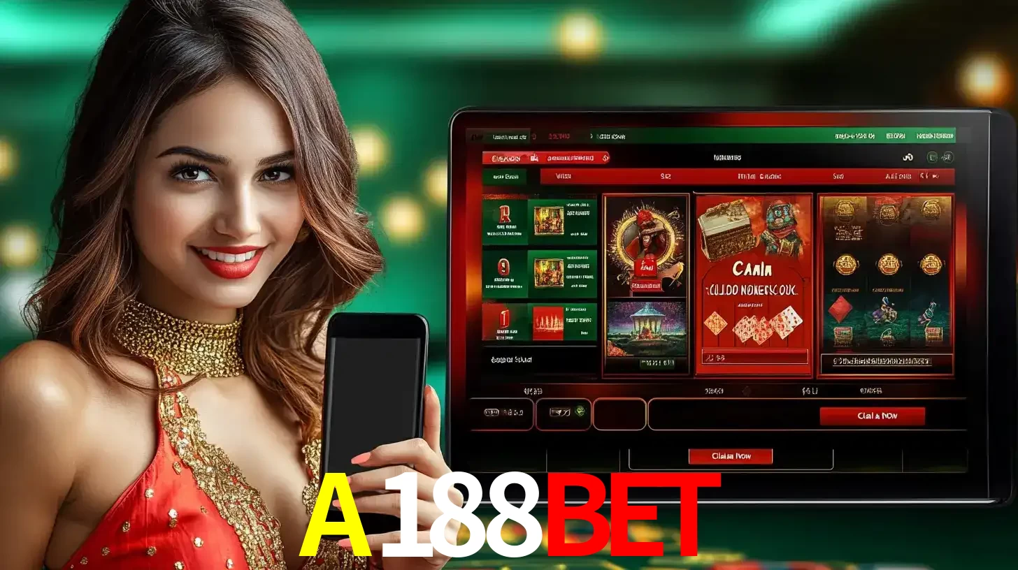 Mulher sorridente segurando um smartphone, ao lado de uma tela exibindo o lobby de jogos do cassino online A188BET, com várias opções de jogos de cartas e slots.